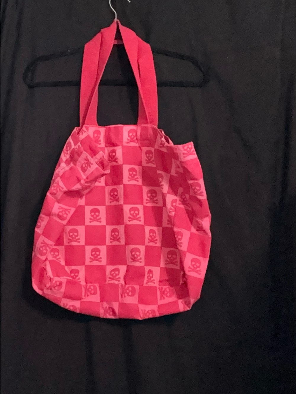 Pink Checkered Skull & Crossbones Canvas Tote Bag